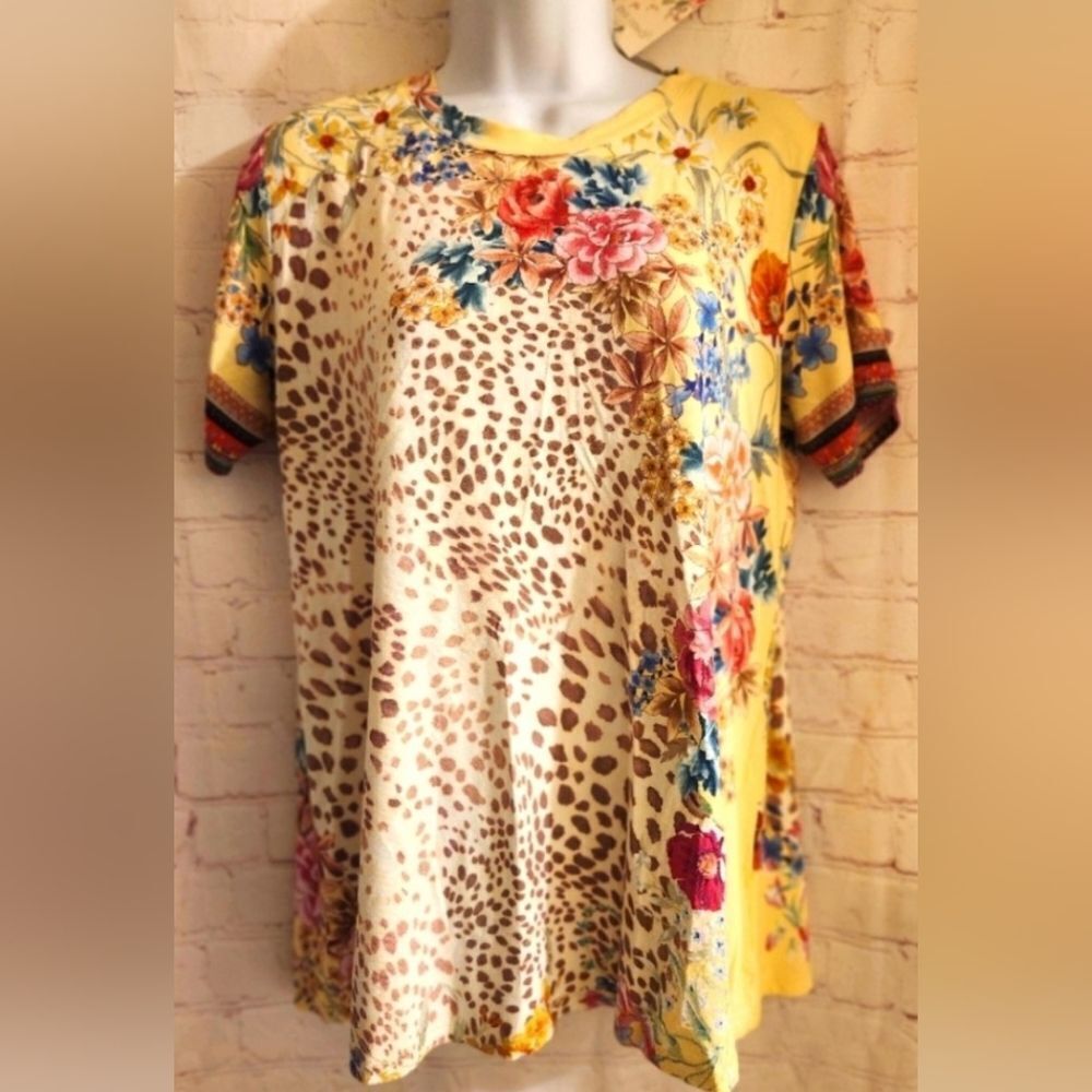 NWT Johnny Was Yellow "Wildflower" Print Short Sleeve Swing Top Sz.XS Ret. $189